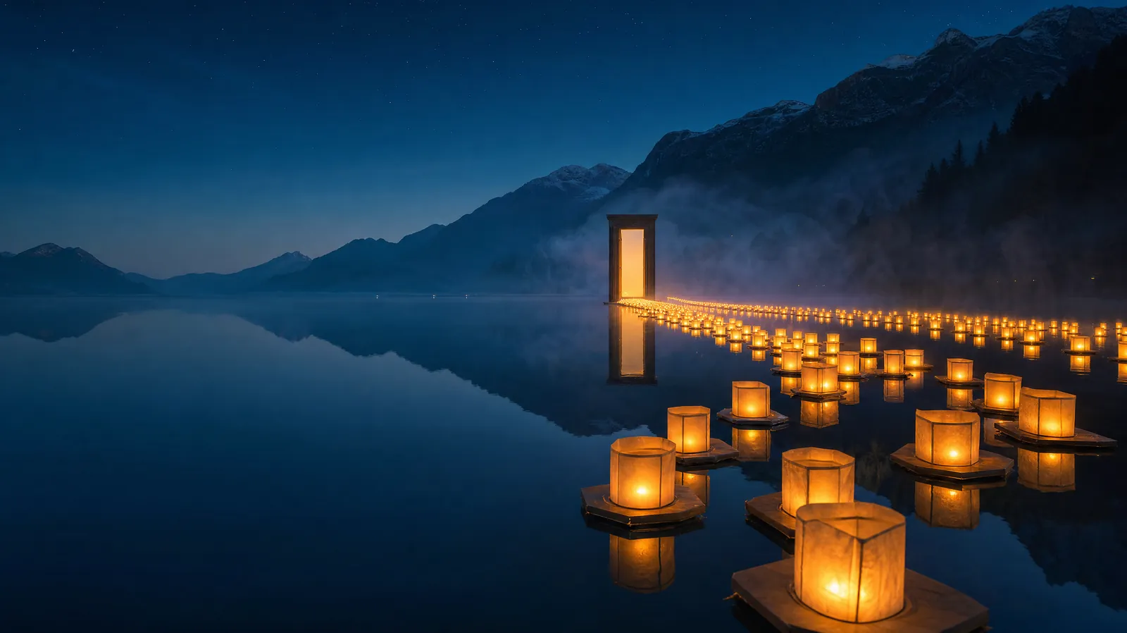 Hundreds of glowing paper lanterns float in a winding line across a still mountain lake at dusk toward a single lit doorway standing on the water